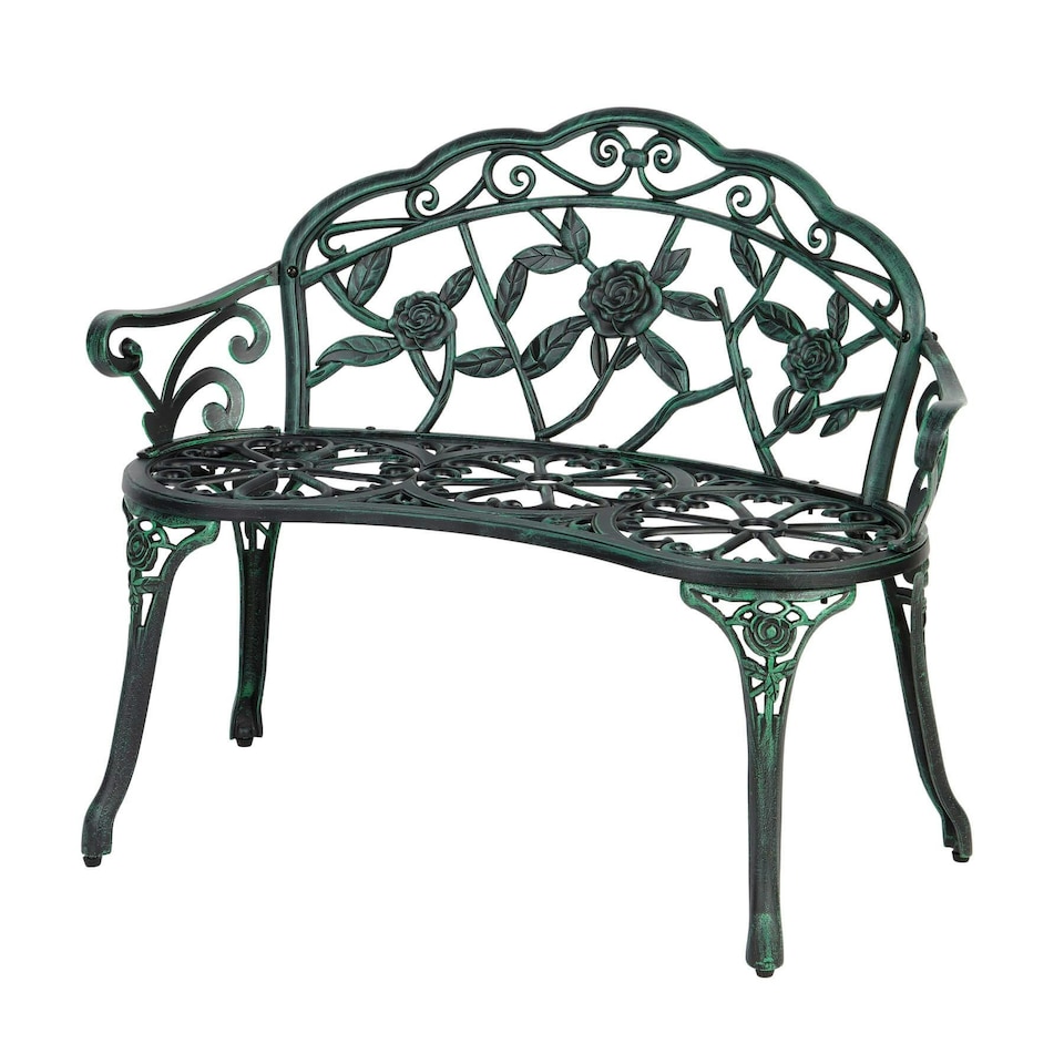 image 1 of Cast Aluminium Garden Bench Metal Frame 2 Seater Patio Chair Outdoor Seating Green