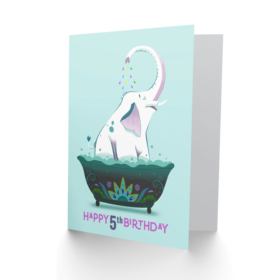 image 1 of Elephant Bath Tub Cartoon Age 5 Year Old Child Kids 5th Birthday Card