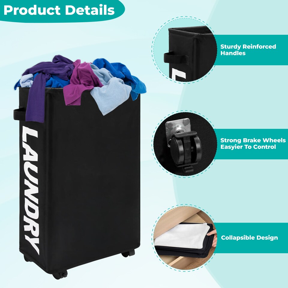 image 1 of 38L Slim Laundry Basket with Wheels, Rolling Laundry Hamper with Storage Bin