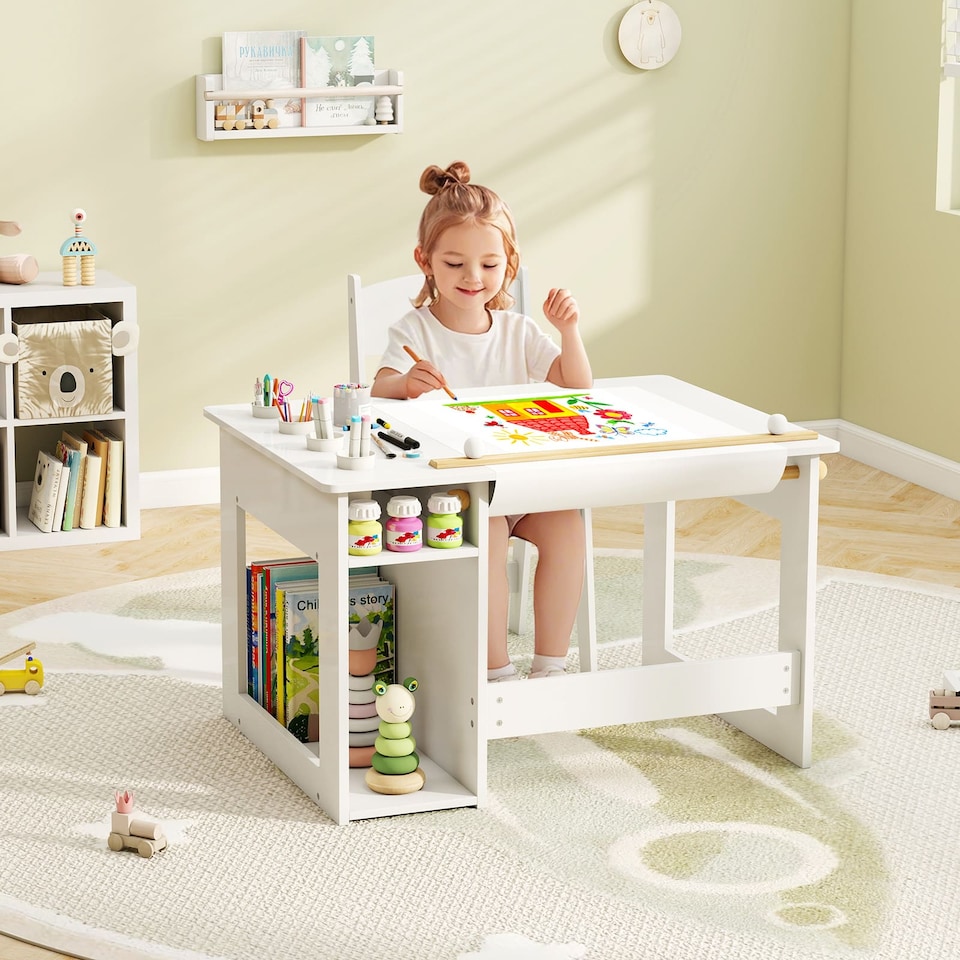 image 1 of COSTWAY Toddler Craft Play Study Drawing Desk White