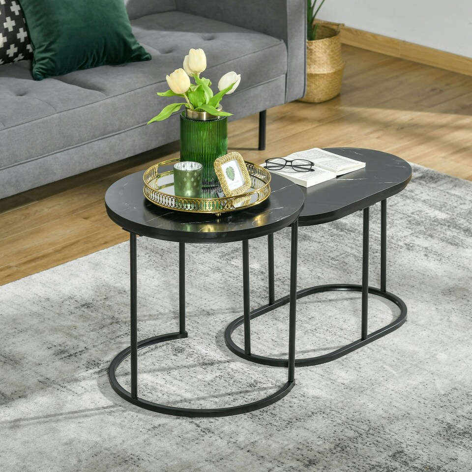 image 1 of HOMCOM 2 Pcs Modern Coffee Table with Faux Marble Side Accent Tables Black