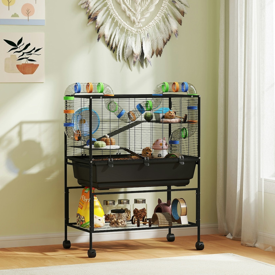 image 1 of PawHut Hamster Cage, 3 Tier Gerbil Cage on Wheels with Storage Shelf