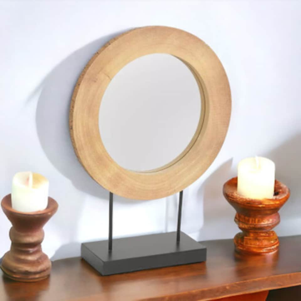 image 1 of Large Wood Frame Metal Base Vanity Mirror
