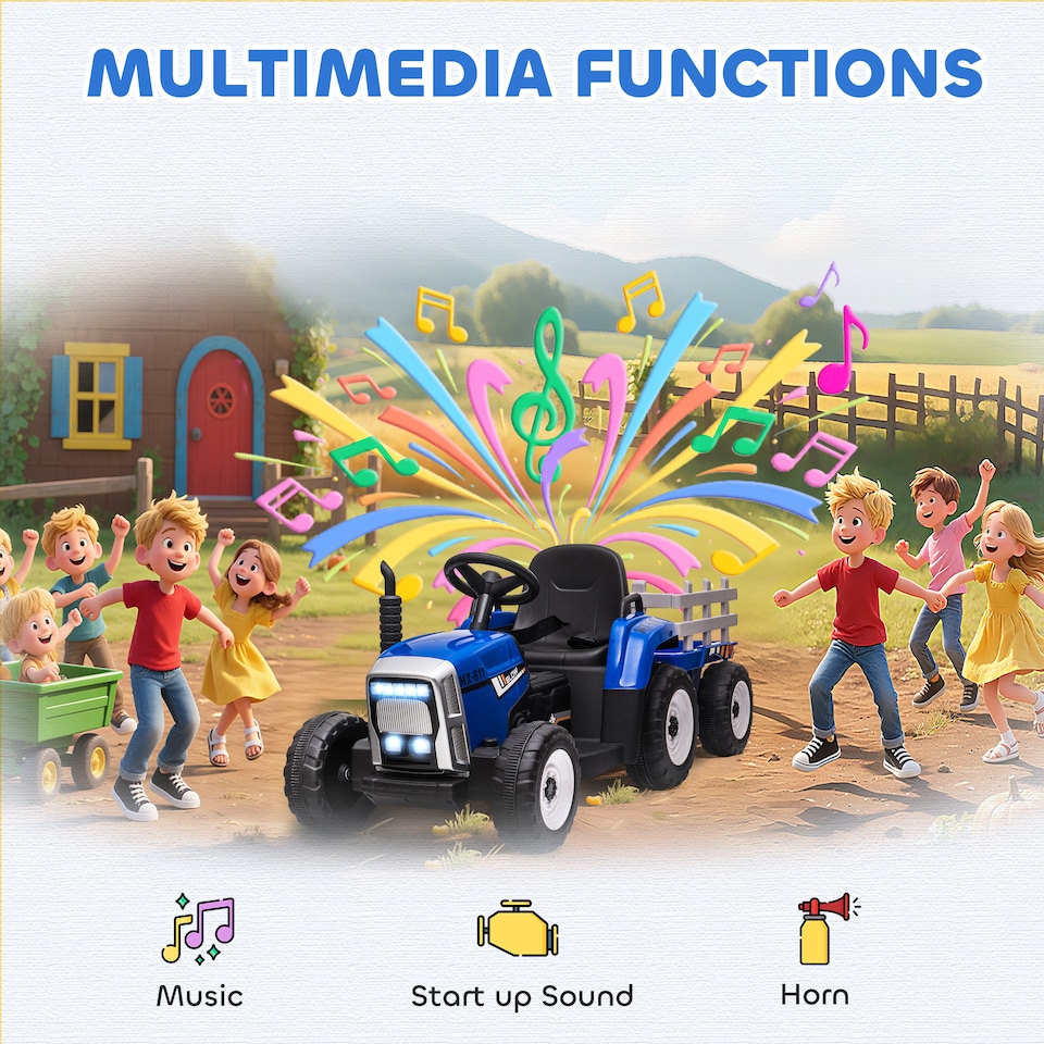 image 1 of HOMCOM Ride On Tractor with Detachable Trailer, Remote Control, Music, Blue