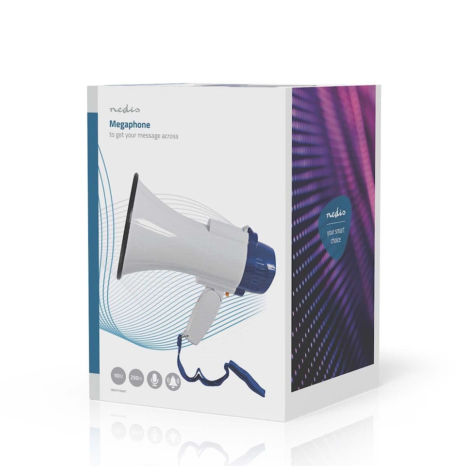 image 1 of NEDIS 10W Megaphone, 250m Range with Built-in Microphone, Siren, Adjustable Volume, Record Function - White & Blue