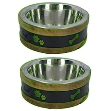 2 Medium Wooden Ring With Removal Metal Bowl Dog Puppy Food Water Dish Brown