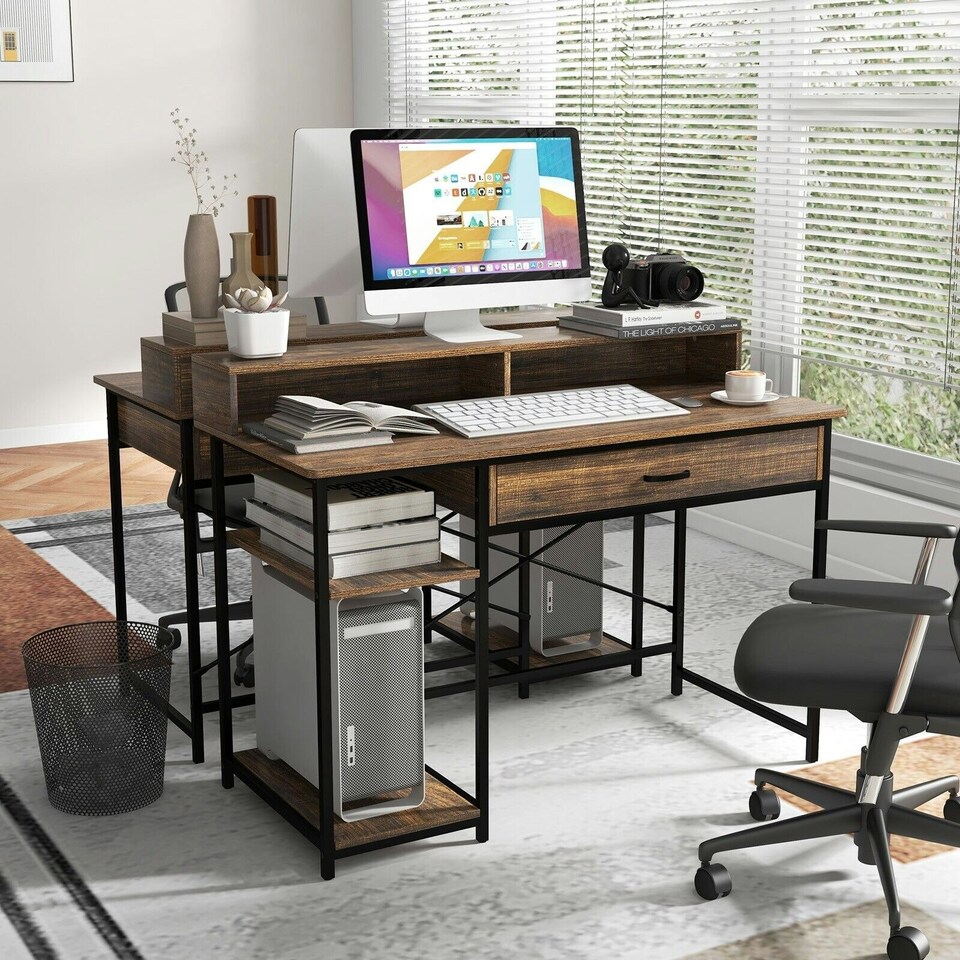 image 1 of COSTWAY Computer Desk Writing Workstation w/Storage Drawer Brown