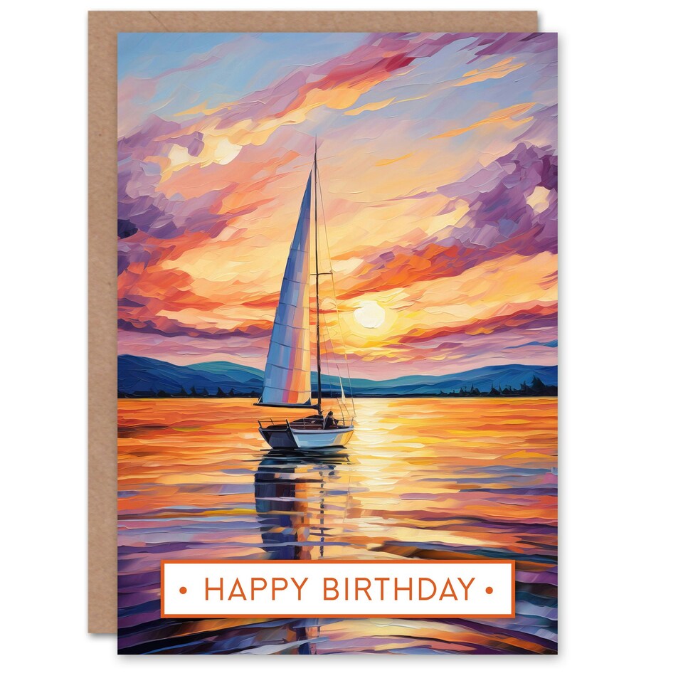 image 1 of Happy Birthday Sunset Sailing Sailboat Vibrant Seascape Birthday Card