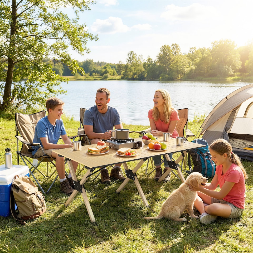 image 1 of Outsunny 4ft Folding Camping Table, Picnic Table with Roll Up Top, Brown | Brown | Dark Brown | 116 x 59 x 43 cm