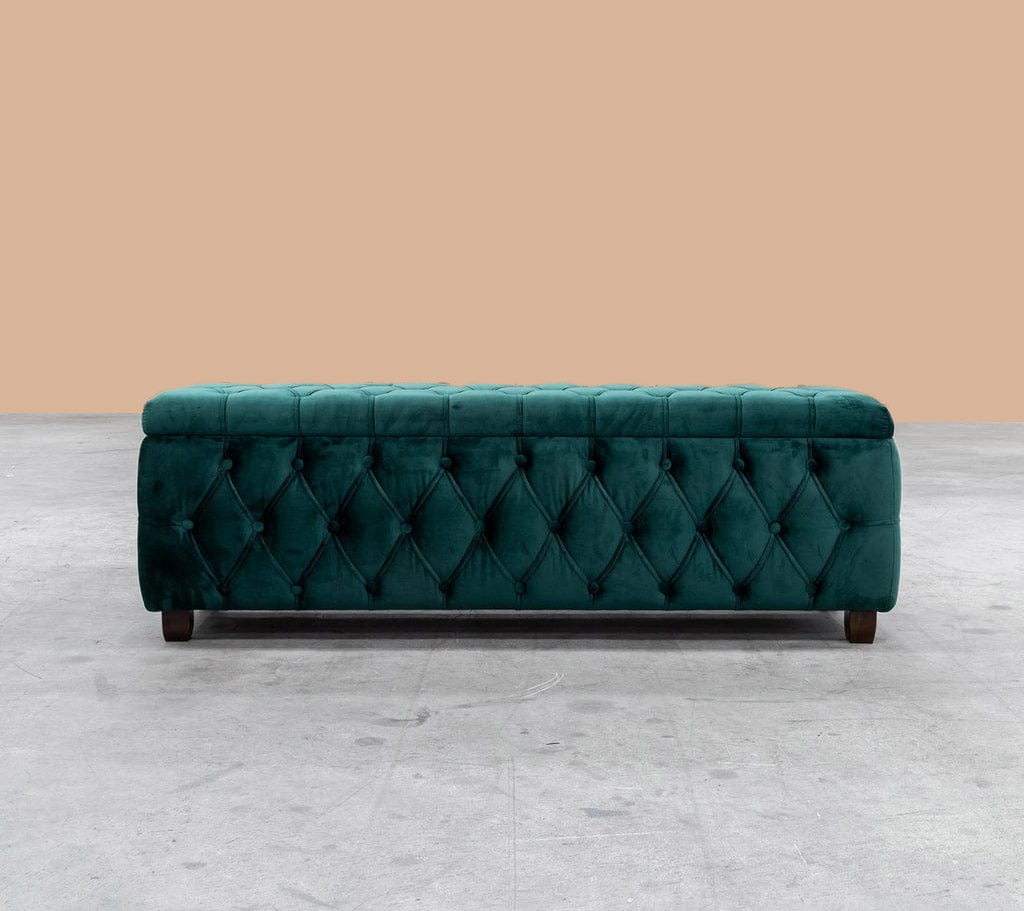 90cm Riga Ottoman Storage Box with Wooden Legs, Emerald Green Velvet Upholstered Chesterfield Storage Ottoman Box