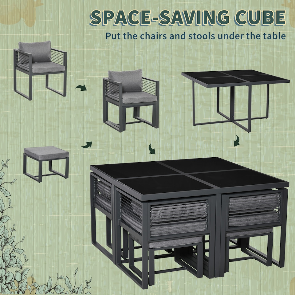 image 1 of Outsunny 8 Seater Aluminium Garden Dining Cube Set w/ 4 Chairs 4 Footstools