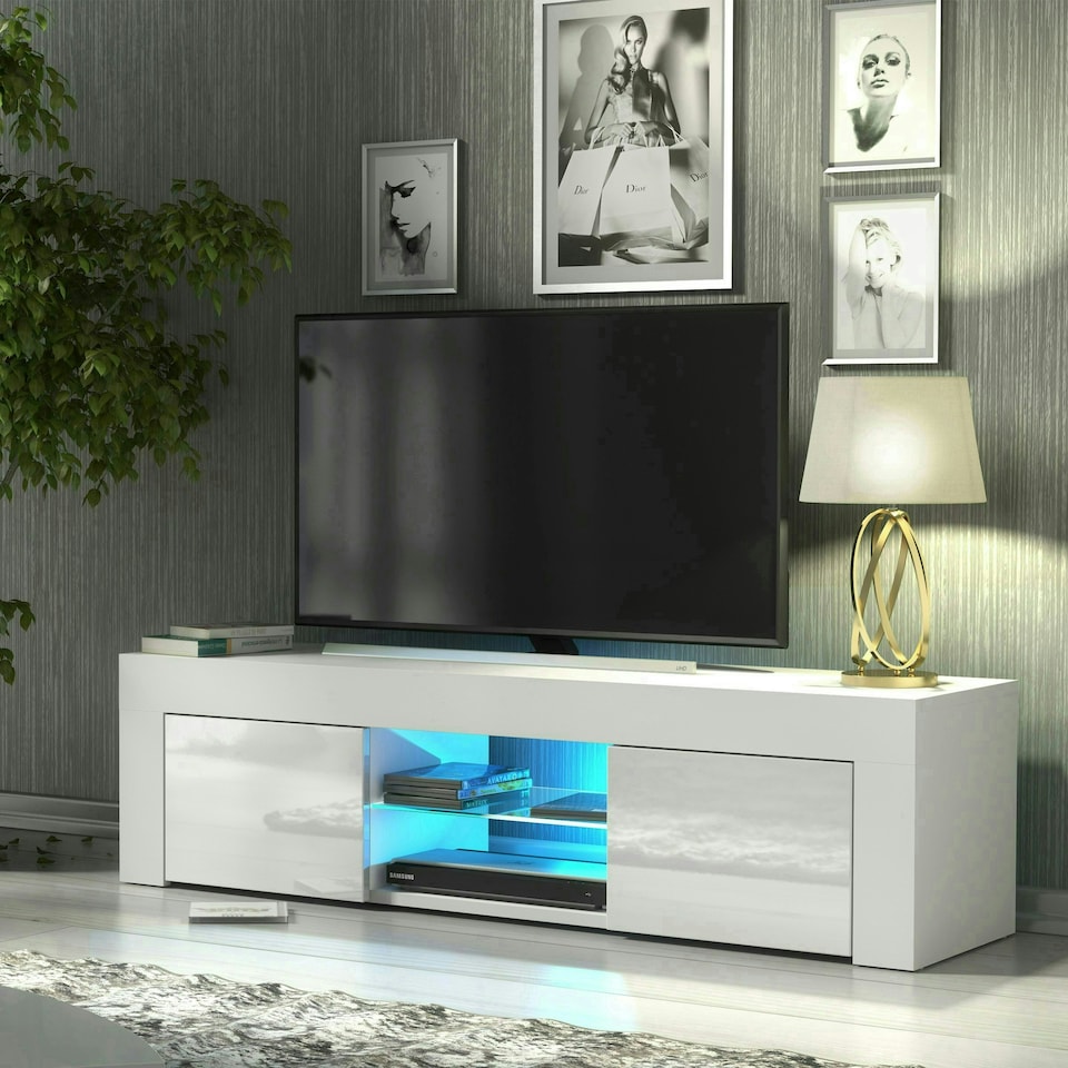 image 1 of TV Unit 130cm White Gloss Doors White Matt Body Modern Cabinet White