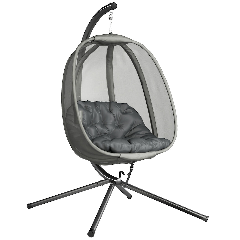 image 1 of Outsunny Folding Hanging Egg Chair w/ Cushion and Stand for Indoor Outdoor Grey | Grey | Grey