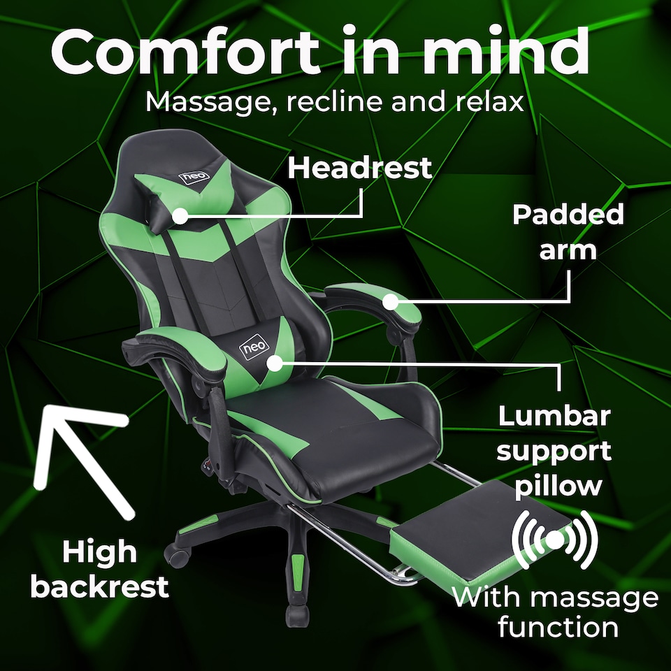 image 1 of Neo Gaming Chair Green & Black Leather with Footrest