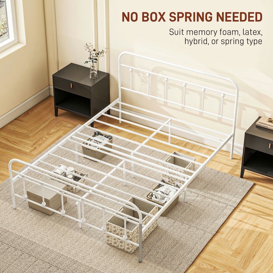 image 1 of HOMCOM 5ft Metal King Platform Bed Frame w/ Underbed Storage Headboard White