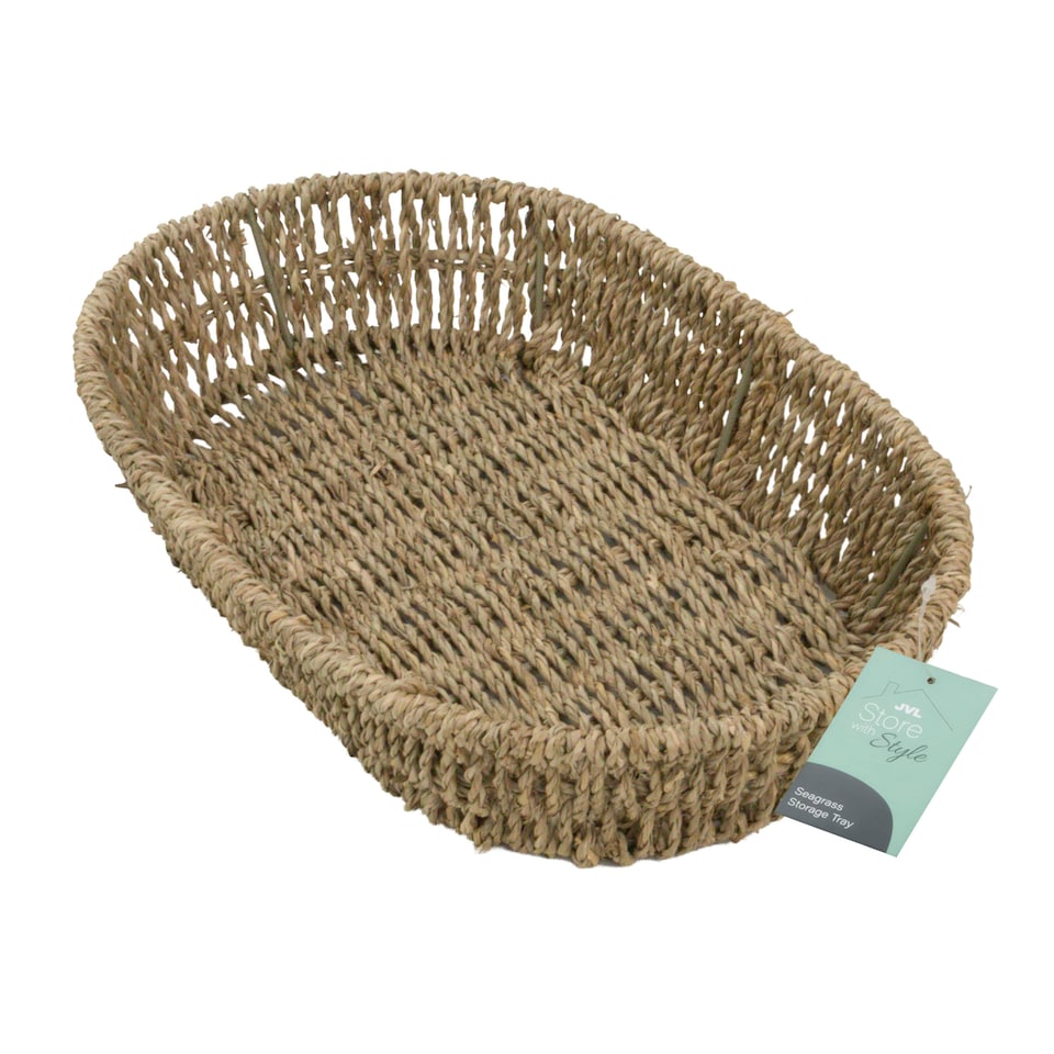 image 1 of JVL Set of 2 Oval Hand Woven Seagrass Storage Tray – Natural Home Storage Organiser, Brown