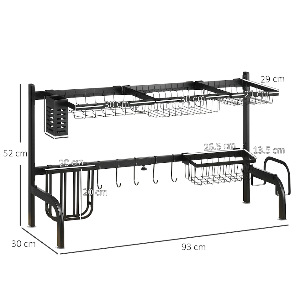 image 1 of HOMCOM Large Dish Drainer Rack Over The Sink, 2 Tier Adjustable Dish Drainer 51-93cm, Space Saving Kitchen Counter Shelf Organiser, Black