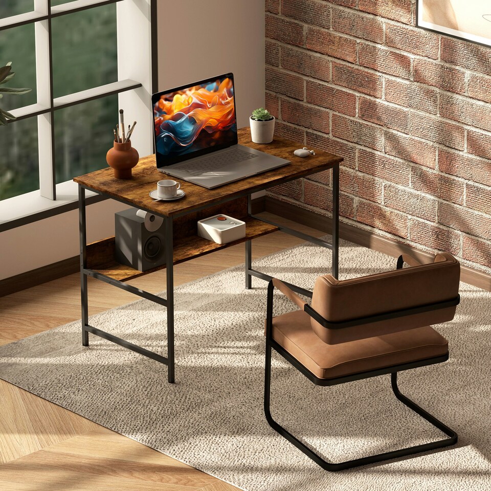 image 1 of HOMCOM 2-Tier Writing Desk Metal Frame with Storage Shelf Rustic Brown Brown