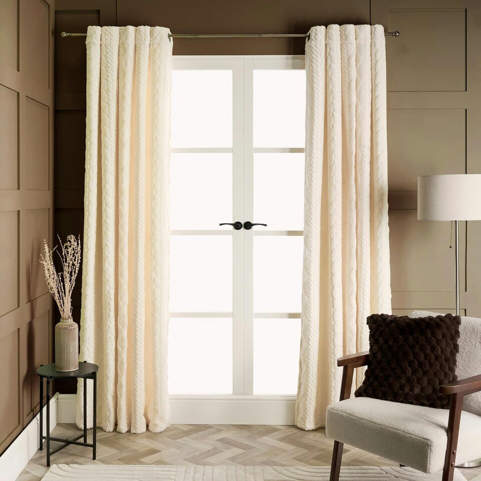image 1 of OHS Cable Knit Fleece Thermal Insulated Ring Top Panel Pair Eyelet Curtains, 66x90" | Cream
