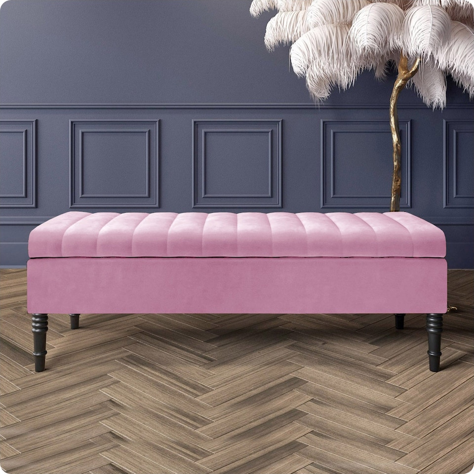 image 1 of Safar 150cm Ottoman Storage Bench - Plush Velvet Shoe Bench - Pink Lined Upholstery Storage Footstool