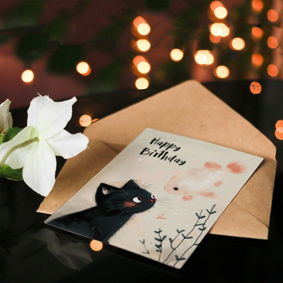 image 1 of Cute Kitten Cat Goldfish Girl Boy Daughter Son Birthday Card