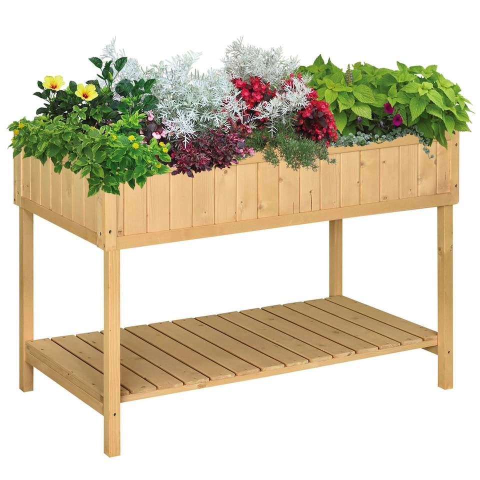 image 1 of Outsunny Wooden Herb Planter Stand 8 Cubes Bottom Shelf Raised Bed Natural