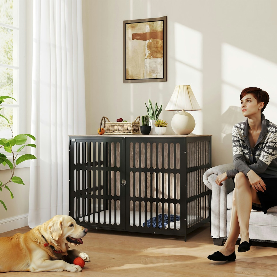 image 1 of PawHut Dog Crate Furniture with Anti-Chew Resistant Mesh for XL Dogs