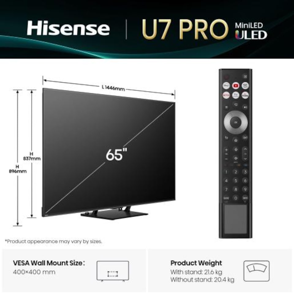 image 1 of Hisense 65U7QTUKPRO 65inch 4K UHD Mini-LED ULED SMART TV WiFi Dolby Atmos