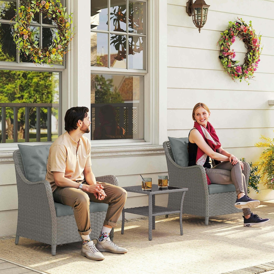 image 1 of Outsunny 2 Pieces Rattan Garden Chairs, Cushioned Rattan Chairs Grey | Light Grey
