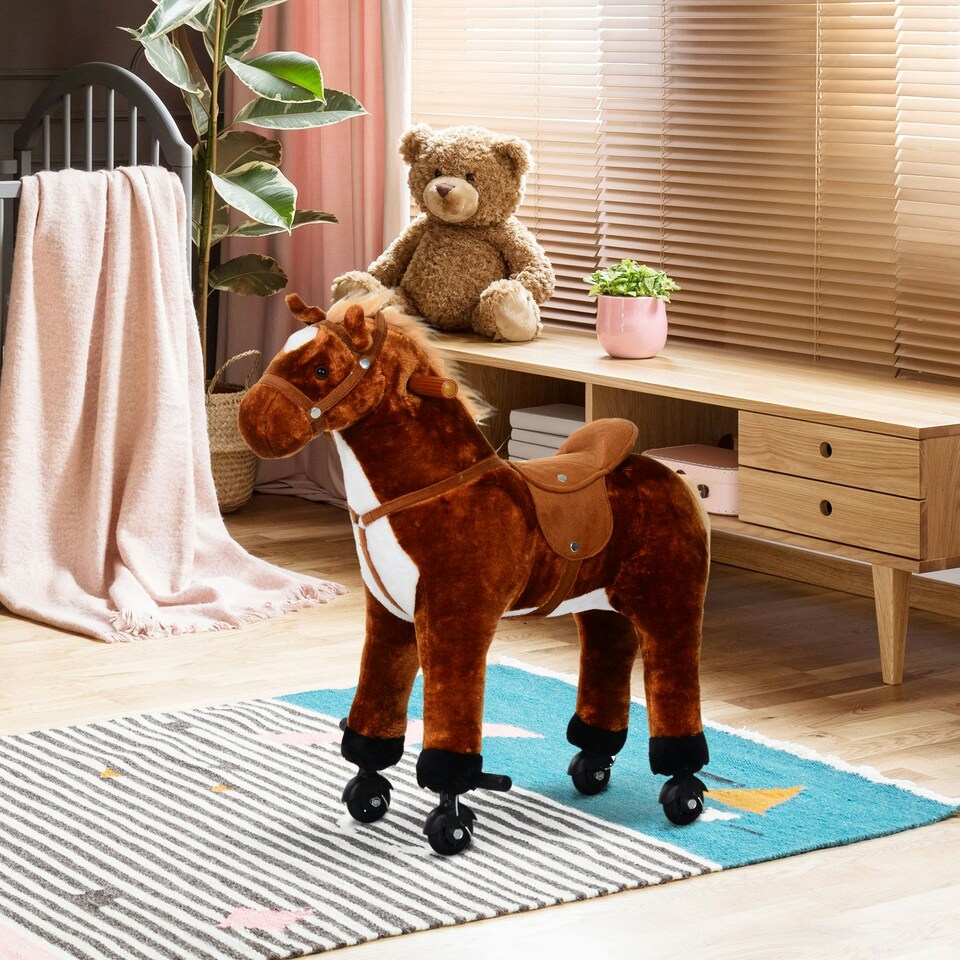 image 1 of HOMCOM Kids Walking Ride on Horse Toy Plush Walk Pony with Wheels Sound