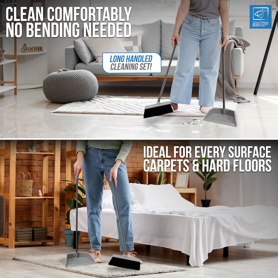 image 1 of Long Handled Upright Dustpan and Brush Set Ergonomic Standing Sweeper