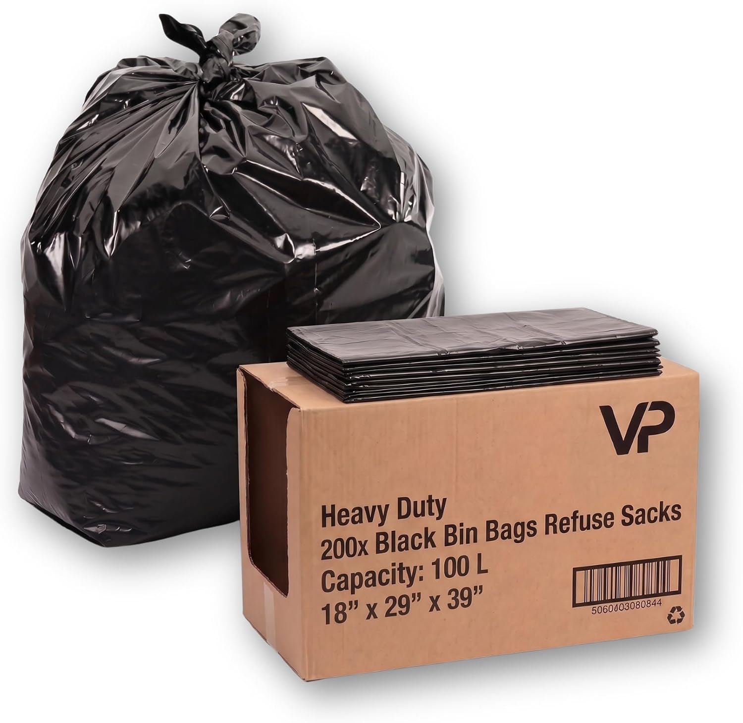 VP 200 Large Black Bin Bags, Heavy Duty Refuse Sacks (100L, 18" x 29" x 39"), Ultra Strong, Tear Resistant Black Bin Liners for Household, Kitchen, Garden & Industrial Rubbish, 100% Recycled Plastic