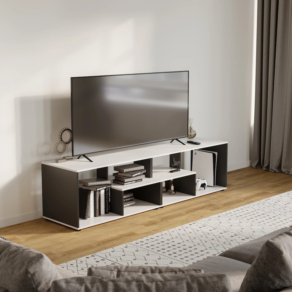 image 1 of Shelby Abstract Large Double Coffee Table With Storage Shelves TV Stand 160cm | Multi | White/black