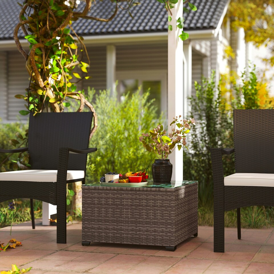 image 1 of Outsunny Outdoor Coffee Table with Glass Top, Rattan Side Table 