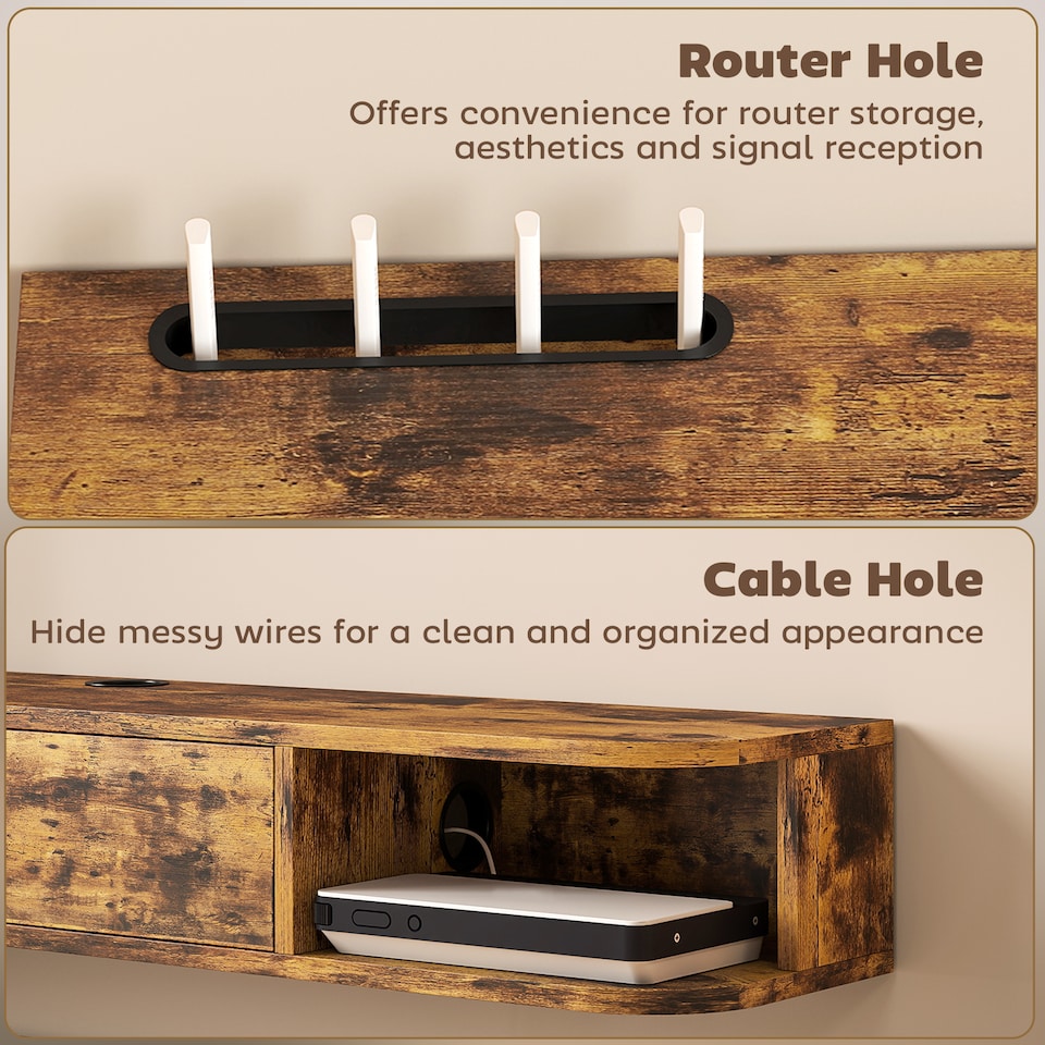 image 1 of HOMCOM 120 cm Floating TV Unit, Wall Mounted TV Stand Cabinet with Flip Drawer, 2 Open Shelves and Cable Management, Modern Media Console for Living Room, Holds Television up to 50 Inch, Rustic Brown