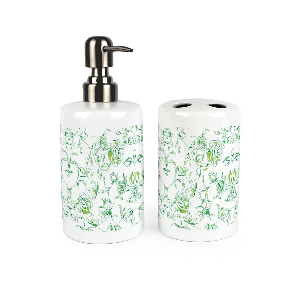 image 1 of Green Roses Bathroom Set - Refillable Ceramic Soap Dispenser & Toothbrush Holder