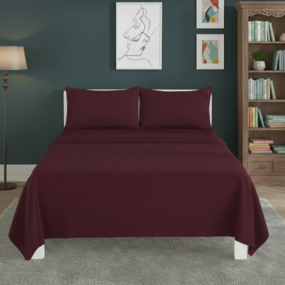 image 1 of Easy Care Flat Bed Sheet Polycotton Durable Low Maintenance Bedding | Red | Wine
