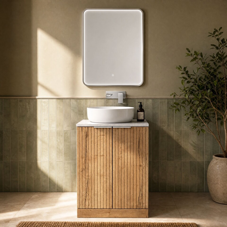 image 1 of Balterley Callingwood Contemporary Floor Standing 2 Door Vanity Unit with Bellato Grey Laminate Worktop , 600mm, Autumn Oak
