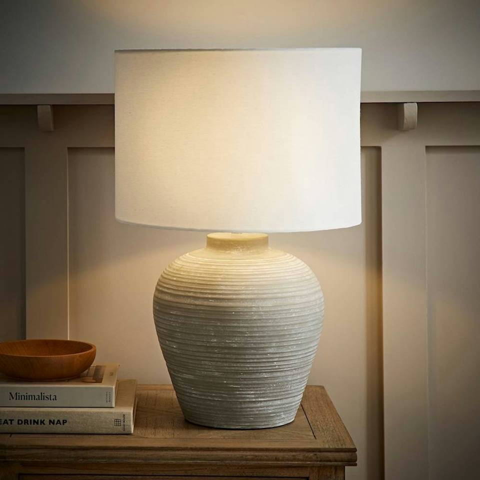 image 1 of ValueLights Reid Linen Drum Lamp Shade Stone Grey Ribbed Ceramic Large Table Lamp | Grey