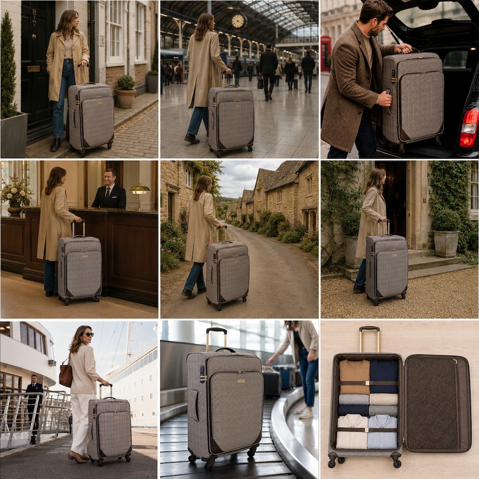 image 1 of London Fog Camberley Large Soft Shell Suitcase, 4 Wheel Checked Luggage, Brown