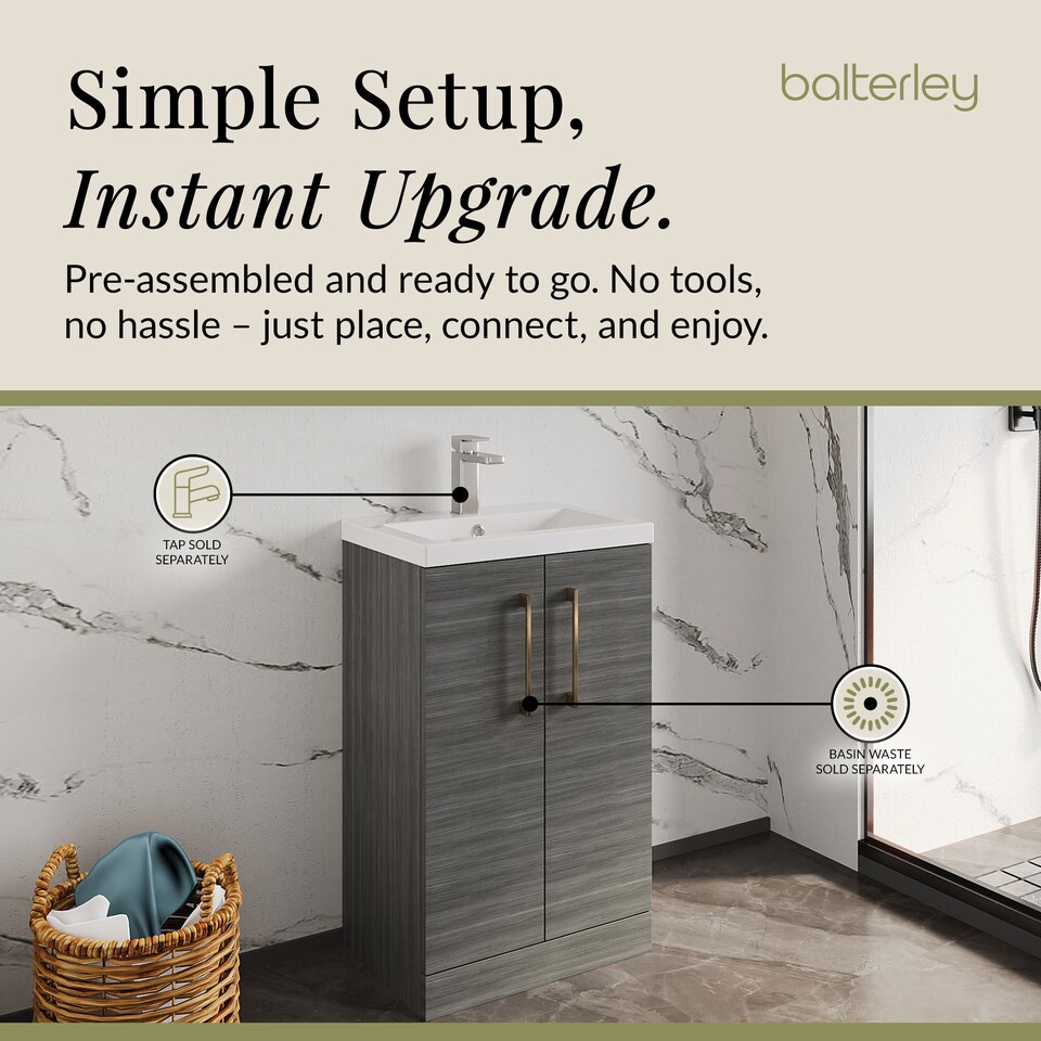 image 1 of Balterley Level Compact Bathroom Cloakroom Vanity Basin Unit with Ceramic Basin, Handles | Grey | Grey Woodgrain | 840 x 510 x 360mm