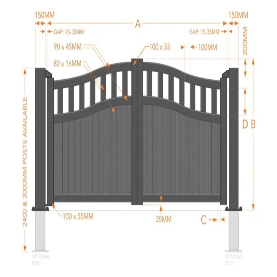image 1 of Double Swing Gate 3250x1600mm Grey - Vertical Solid Infill and Bell-Curved Top Full Privacy Driveway Gate Grey