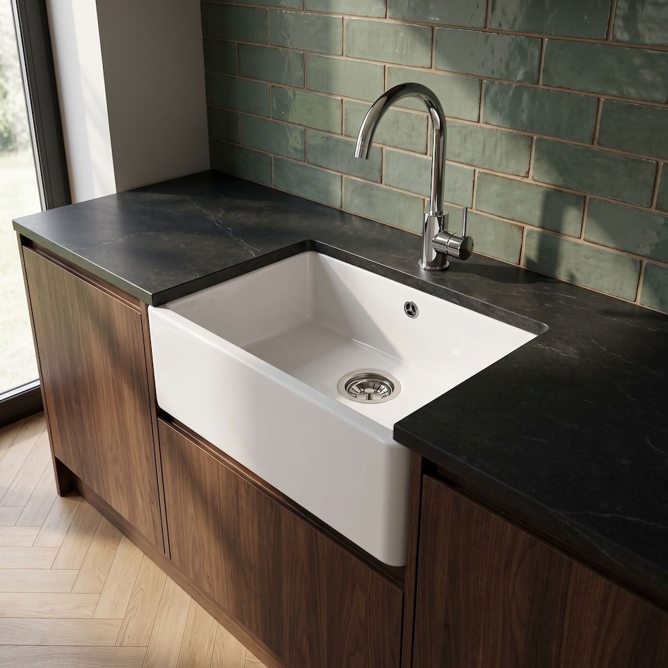 image 1 of Balterley Fireclay Kitchen Sink Basket Strainer Waste with Overflow | Silver | Brushed Nickel | 1