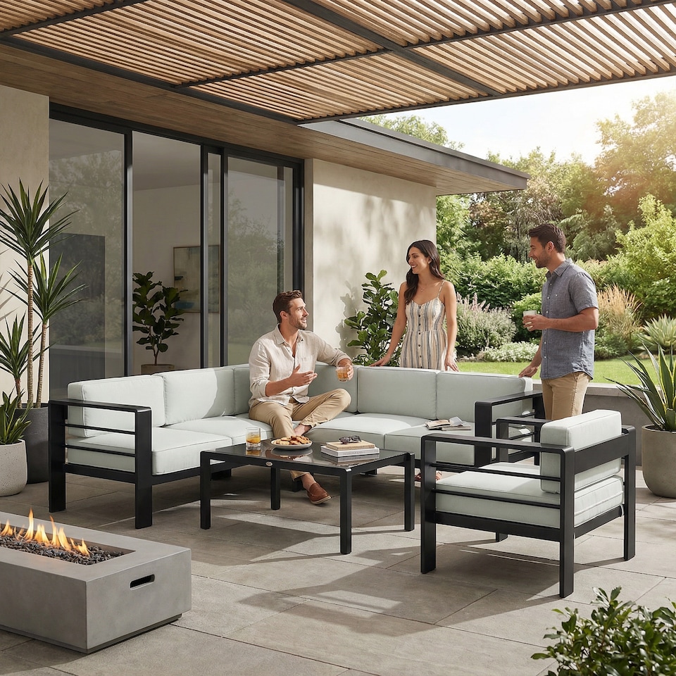 image 1 of Outsunny Garden Corner Sofa Set, Garden Furniture Set with Coffee Table | Grey | Light Grey | Five Plus Seater