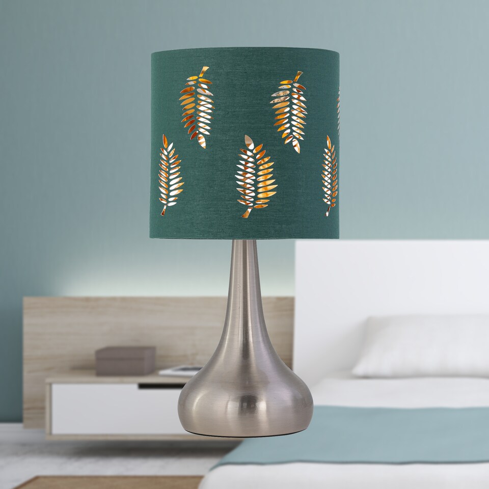image 1 of Set of 2 Romana - Brushed Chrome Touch Table Lamps Dark Green Shades | Chrome | Satin nickel plate and dark green cotton with gold inner detail | 2