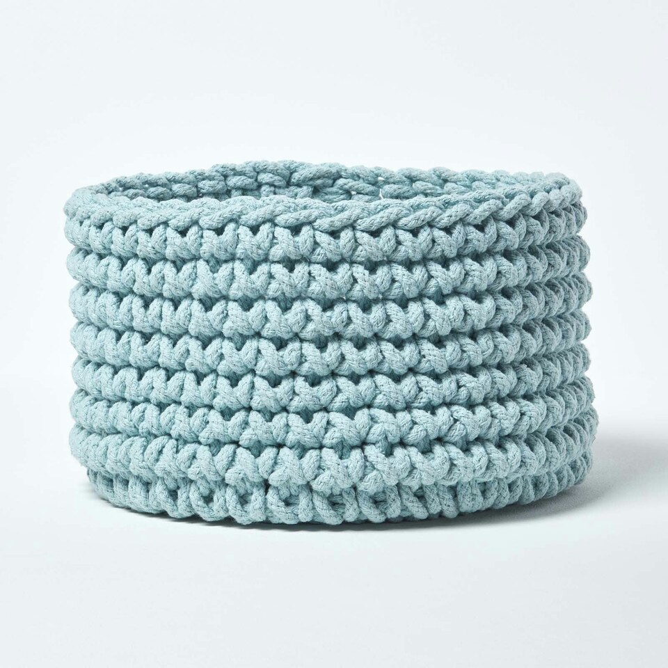 image 1 of Homescapes Pastel Blue Cotton Knitted Round Storage Basket - 37 x 21 cm Blue | M