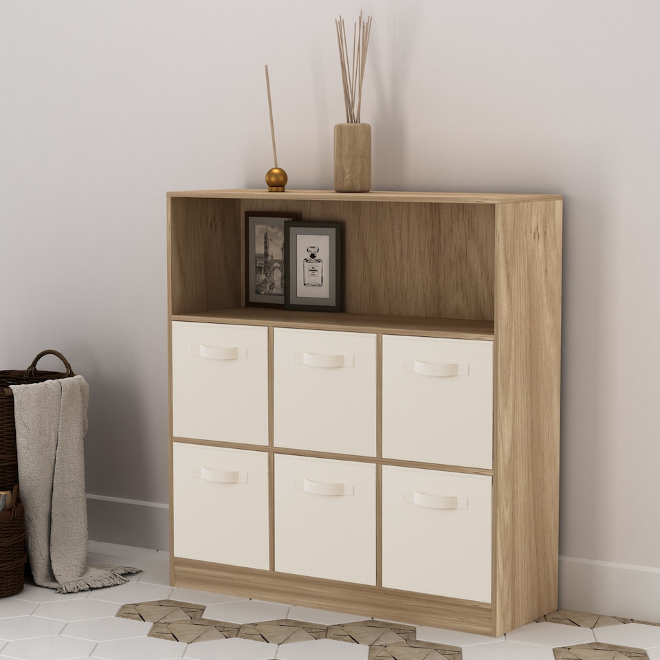 image 1 of Wide 7-Cube Bookcase With Drawers | Brown | Oak & Cream | 1