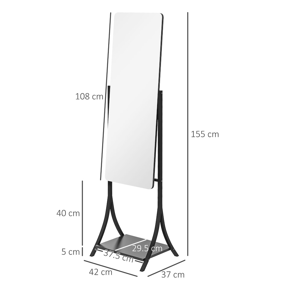 image 1 of HOMCOM Full Length Mirror, Free Standing Floor Mirror, Full Body Mirror with Adjustable Angle and Storage Shelf for Living Room, Bedroom, Hallway, 108 37cm, Black
