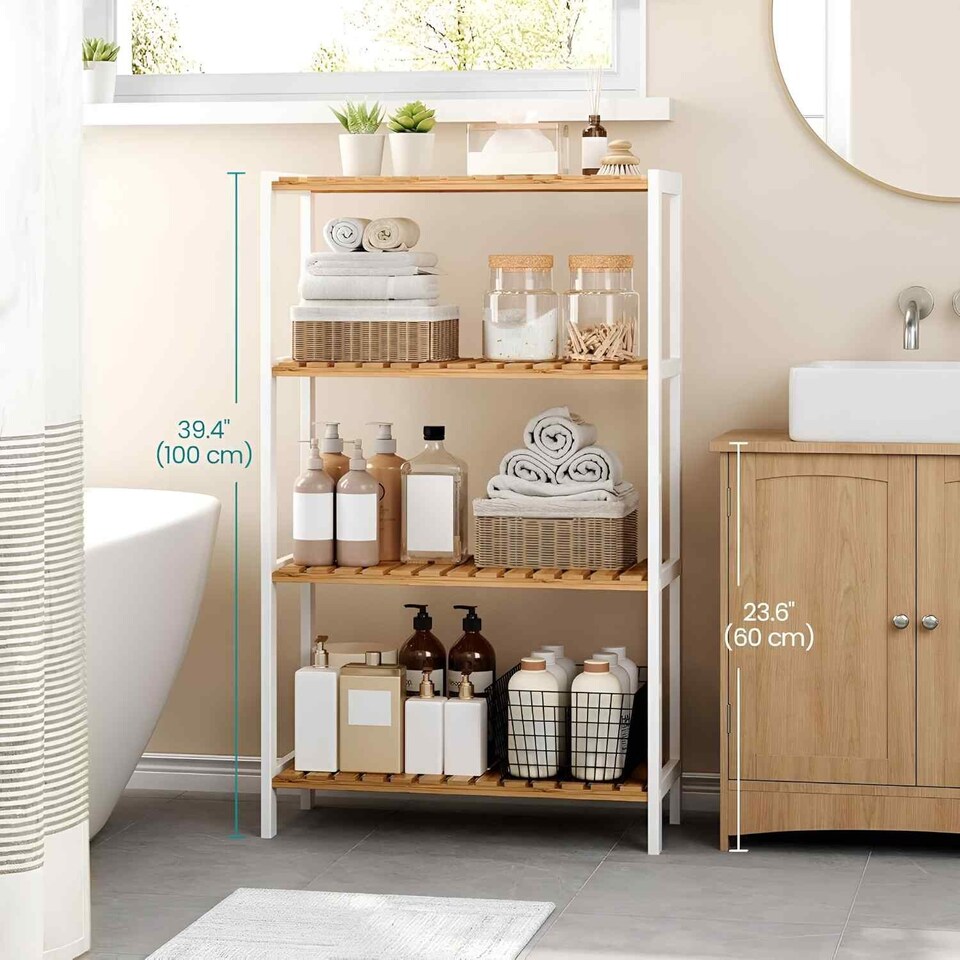 image 1 of 4 Tier Bamboo Storage Shelf, Freestanding Shelving Unit for Bathroom, Kitchen, Hallway or Living Room, White and Natural