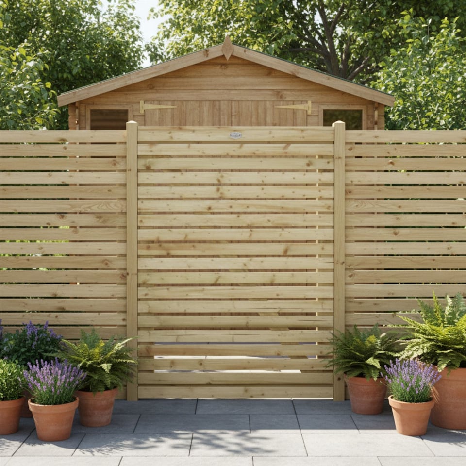 image 1 of Roma Slatted Garden Gate 4ft x 3ft Treated Wooden Decorative Venetian-Style Door